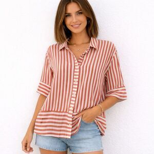 Jane & Delancey Womens Large Shirt Button Up Boxy Pink Stripes Short Sleeve NWT